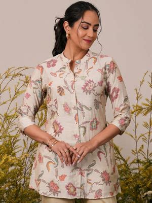 Buy Libas Beige Printed Silk Blend A-Line Shirt (XS) Online