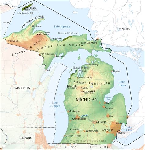 Physical map of Michigan