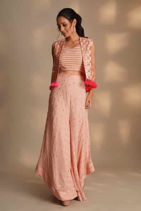 Buy Peach Georgette Embroidered Cutdana Jacket Open Nakshi Tasselled ...