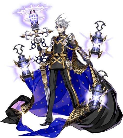 a man dressed in blue and gold holding two lamps