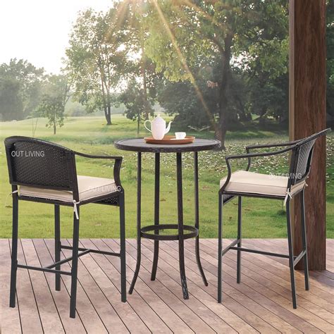 OUTLIVING Rattan Wicker Outdoor Bar Patio Table with 2 Chairs Set for ...