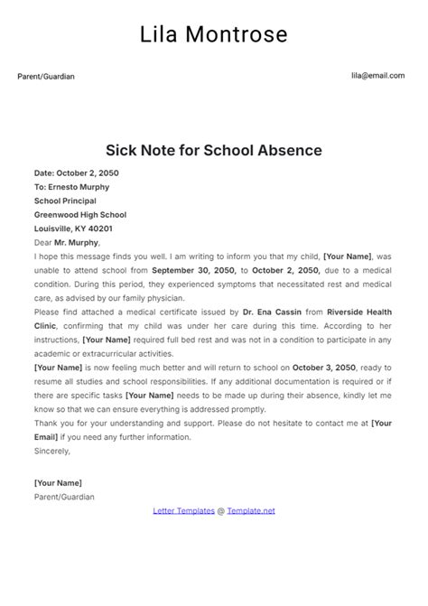 Free School Excuse Letter Format Template to Edit Online