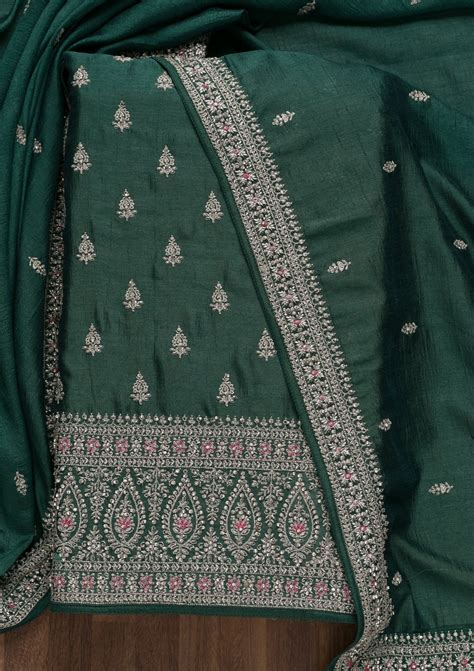 Buy Bottle Green Zariwork Raw Silk Unstitched Salwar Suit - Koskii