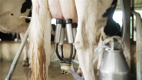 Slow-motion,Automatic mechanized milking cow in a cow's milk farm barn ...