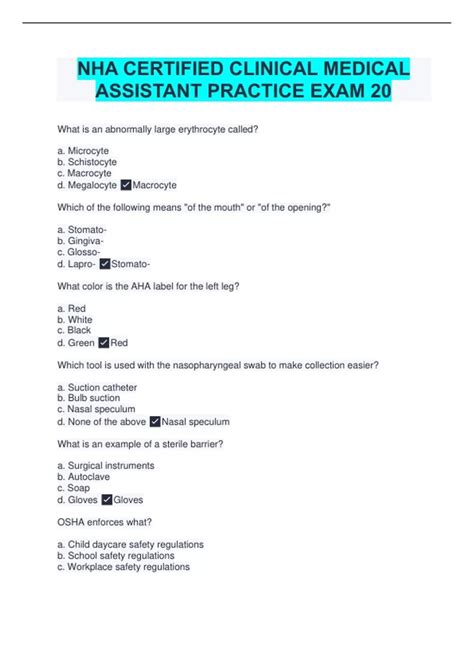 NHA CERTIFIED CLINICAL MEDICAL ASSISTANT PRACTICE EXAM 20 - Certified ...