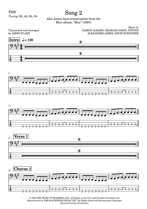 Song 2 (arr. Jared Plane) by Blur Sheet Music for Bass Guitar Tab at ...