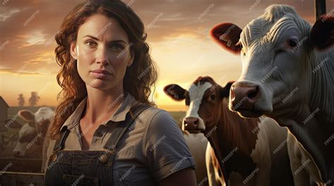 Premium Photo | Happy female farmer standing with cows at the cattle ...