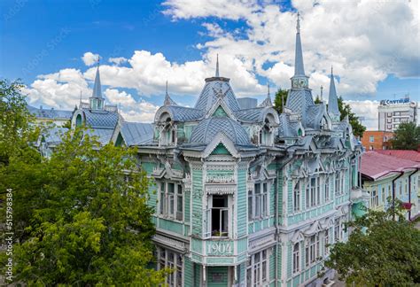 Carved wooden trim facade. Old historic house. Russian architecture ...