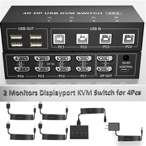 Displayport KVM Switch 4 Computer 2 Monitors, 4K @ 60Hz 4 Port KVM ...