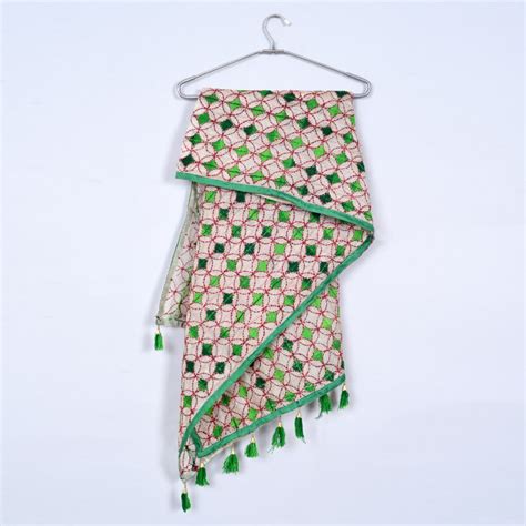 Phulkari design Off-white base with green color embroidery Stole ...