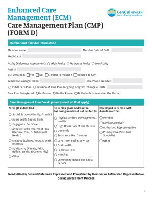 Enhanced Care Management Care Plan Form D - Blank Fillable Template ...