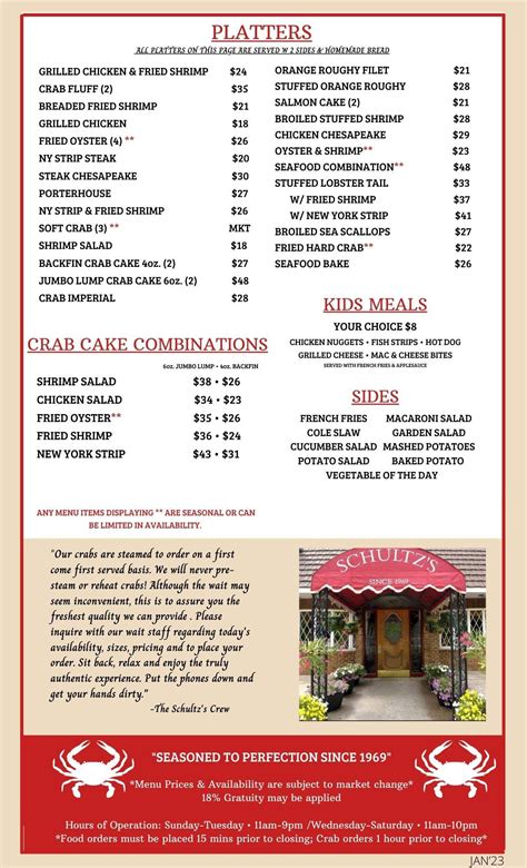Menu at Schultz's Crab House restaurant, Essex
