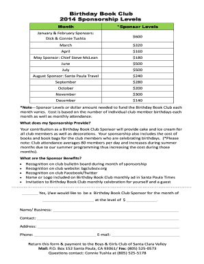 Fillable Online Birthday Book Club 2014 Sponsorship Levels - Boys ...