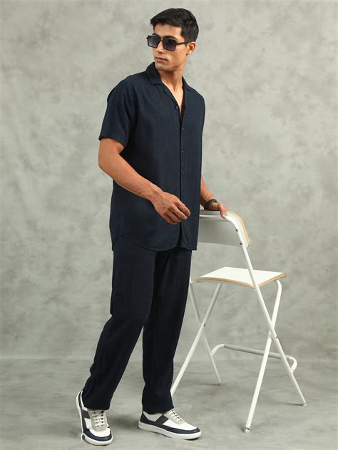 Navy Regular Fit Solid Half Sleeve Co-Ord Sets