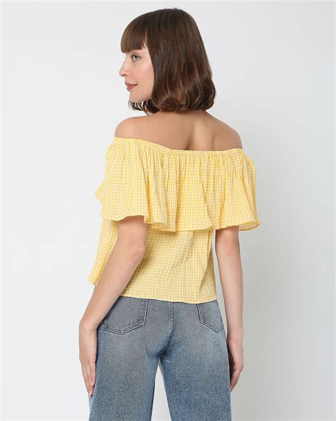 Yellow Check Off-Shoulder Top