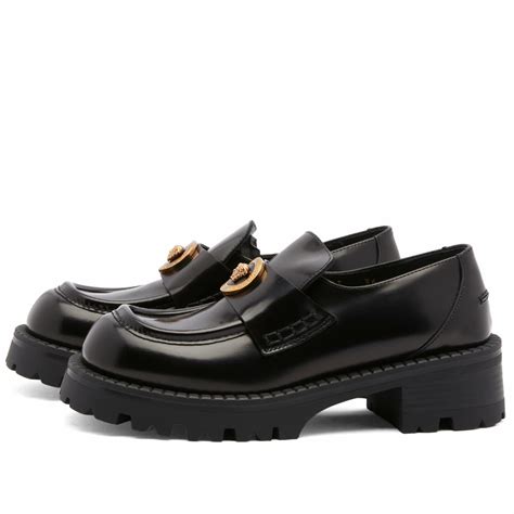 Versace Women's Medusa Head Loafer Shoes in Black/Versace Gold Versace