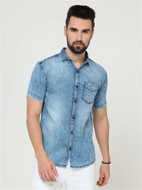 Shop Single Pocket Mens Half Sleeve Denim Shirt Online