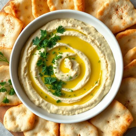 Zesty Lemon Herb Hummus with Pita Chips Recipe | cookAIfood