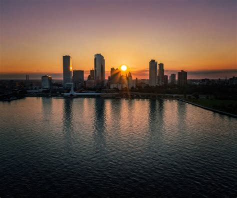 Milwaukee Lakefront And Skyline At Dusk Stock Photos, Pictures ...
