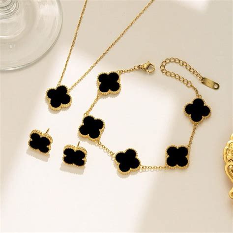 Buy Stainless Steel Gold Plated Set Of Black Anti Tarnish Clover ...