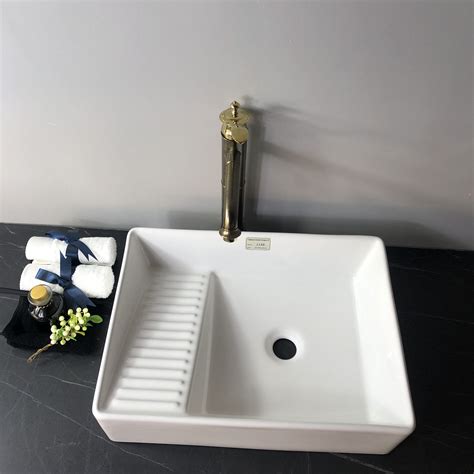 Porcelain Laundry room vessel sinks with washboard pop up drain ...