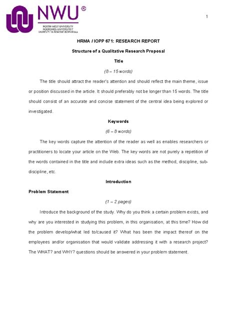 Elements Qualitative Research Proposal - HRMA / IOPP 671: RESEARCH REPORT Structure of a ...