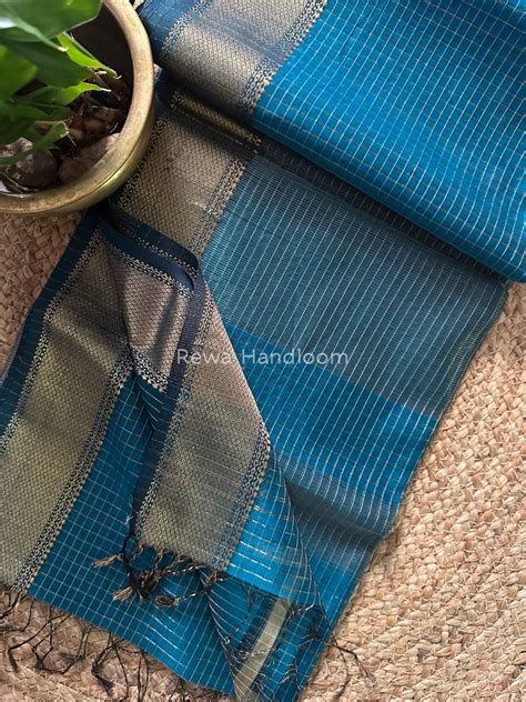 Maheshwari Dark Sky Blue Zari Checks Saree ZCHX236 – Rewa Handloom