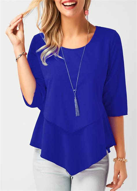 Asymmetric Hem Royal Blue Chiffon Blouse | modlily.com - USD $24.34 ...