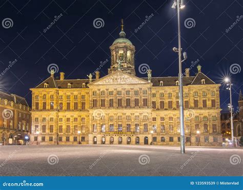 Royal Palace on Dam Square at Night, Amsterdam, Netherlands Stock Image ...