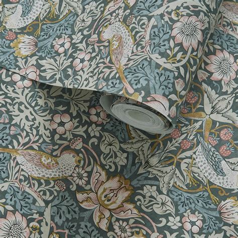 William Morris Strawberry Thief Wallpaper - Slate/Blush - Curtains At Home