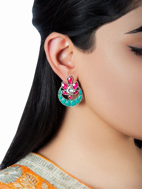 925 Sterling Silver Multicolored Kundan Mini Chandbali Stud Earrings ...