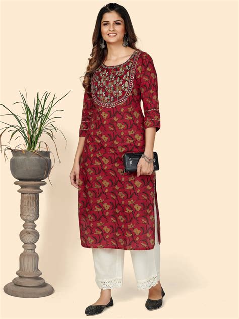 Red Embroidered Straight Cotton Kurta – Vbuyz