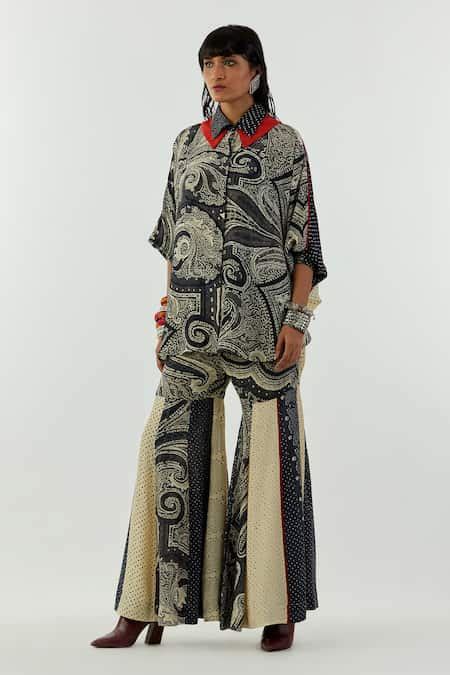 Buy Black Sharara- Mulmul, Shirt-natural Crepe Mandala Shirt Collar And ...