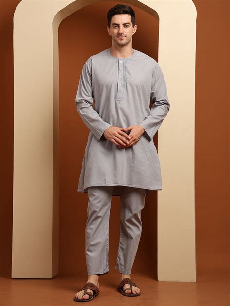 Moon Grey Men’s Terry Cotton Blend Kurta Pajama Set – Traditional Ethn ...