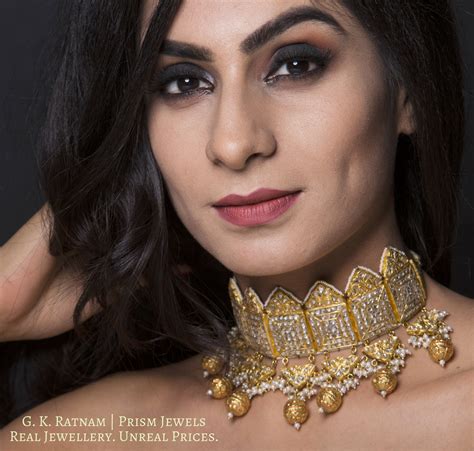 23k Gold and Diamond Polki Choker Necklace with natural freshwater pea ...