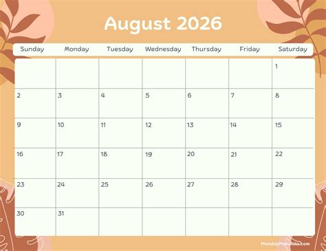 August Free Printable Calendar