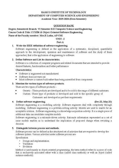 CCS356 Object Oriented Software Engineering - UNIT 1 Question Bank ...