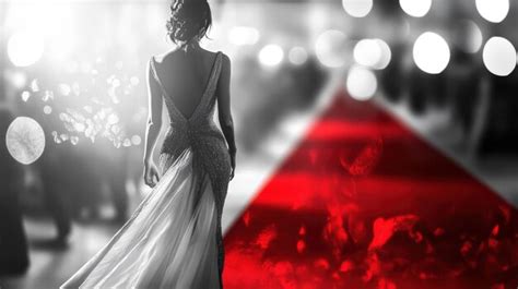 Elegant woman in an evening gown walking gracefully down a red carpet ...