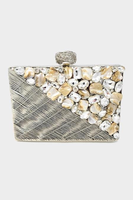 Buy Silver Crystals, Sequins Embellished Metallic Box Clutch by Sephyr ...