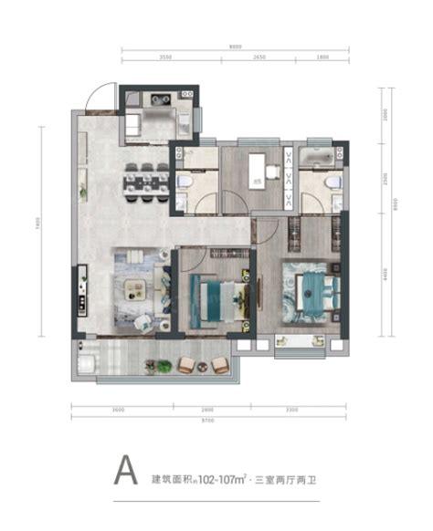 海格公馆建面约102-107平米A户型3室2厅2卫1厨102.00㎡-武汉房天下
