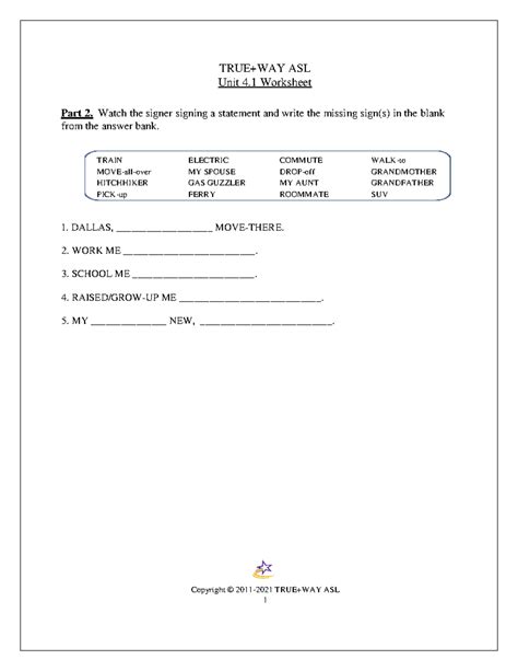Unit 4.1 Worksheet for TRUE+WAY ASL: Fill in the Blanks - Studocu