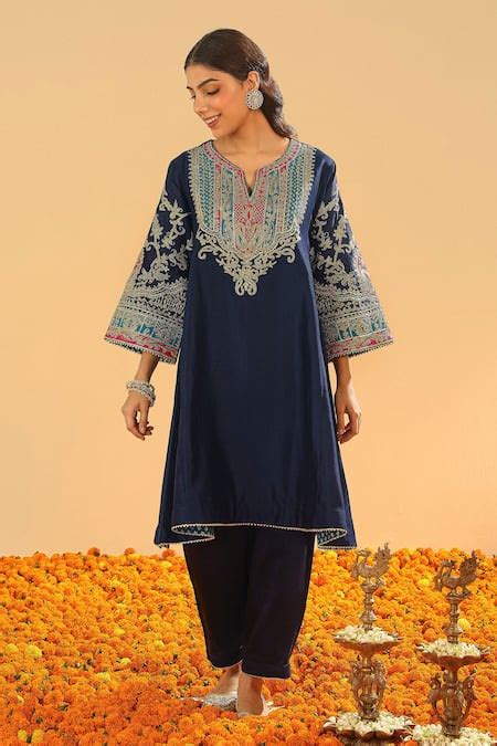 Buy Blue Bamboo, Silk, Chanderi Gota Patti, Kashmiri Tilli Choga Kurta ...