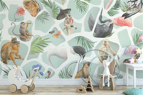 Watercolor Monkey & Birds wallpaper murals in india | Giffywalls