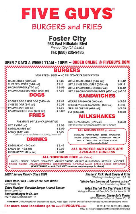 Five Guys Menu Printable