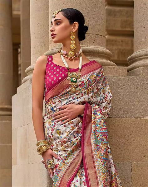 Cream Handloom Woven Kalamkari Print Patola Saree – South India ...