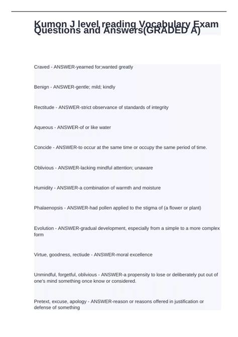 Kumon J level reading Vocabulary Exam Questions and Answers(GRADED A ...
