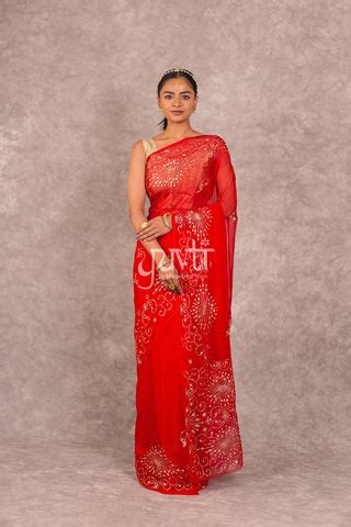 Red Viscose Chiffon Aari Resham Work Saree – YUVTI by Bhupendra Singh