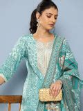 Buy Blue Yoke Design Silk Blend Straight Kurta With Trousers & Dupatta ...