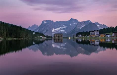 Wallpaper forest, clouds, snow, mountains, lights, lake, reflection ...