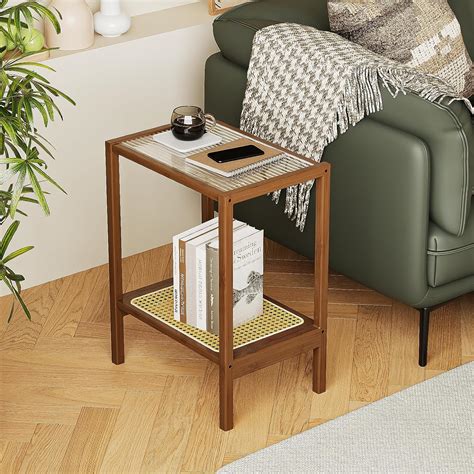 Bamworld Rattan Side Table Living Room Glasstop Night Stand Boho End ...